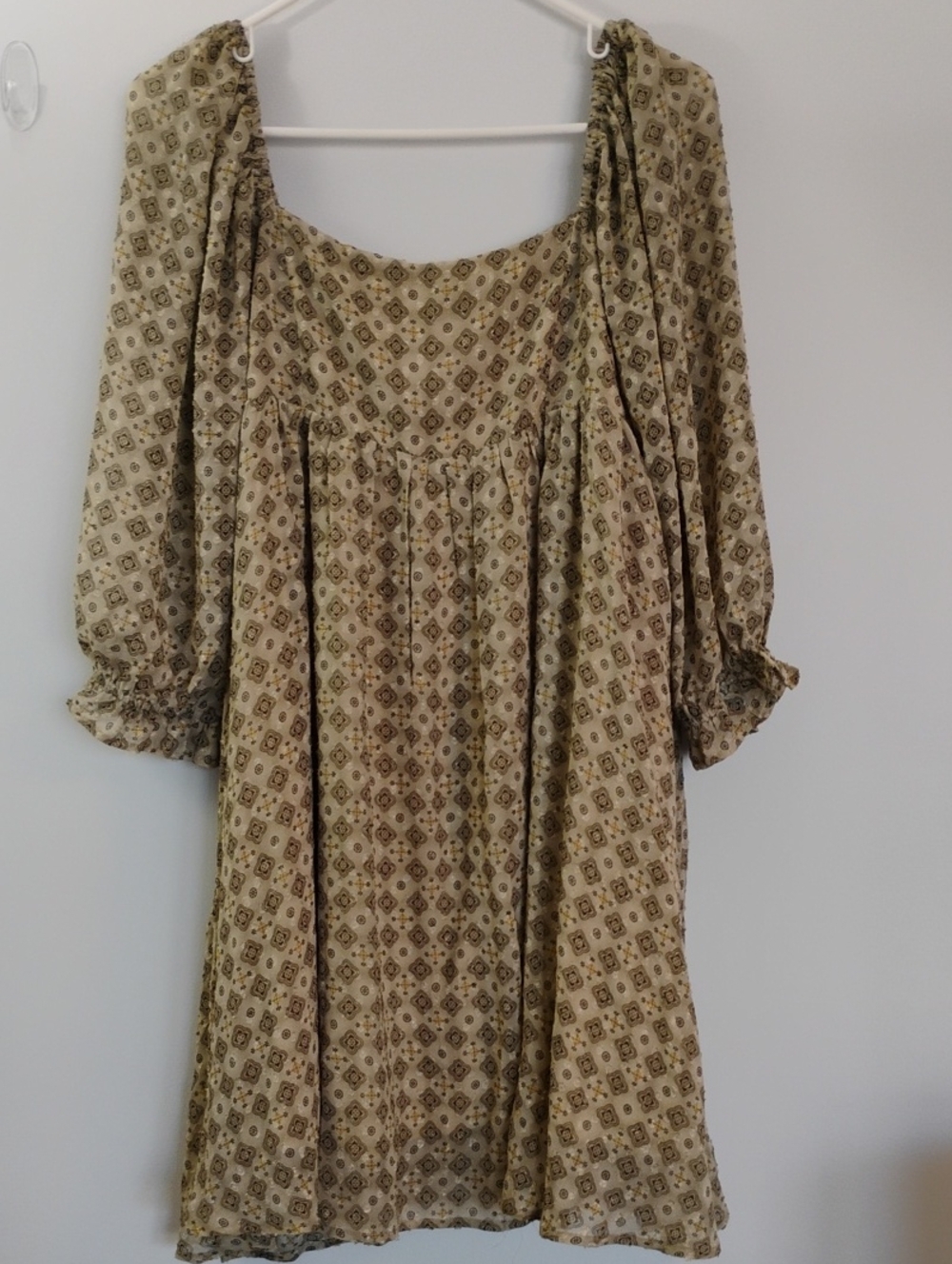 Hudson Gray Boho Square Neck Balloon Sleeve Flowy Baby Doll Olive Mini Dress M